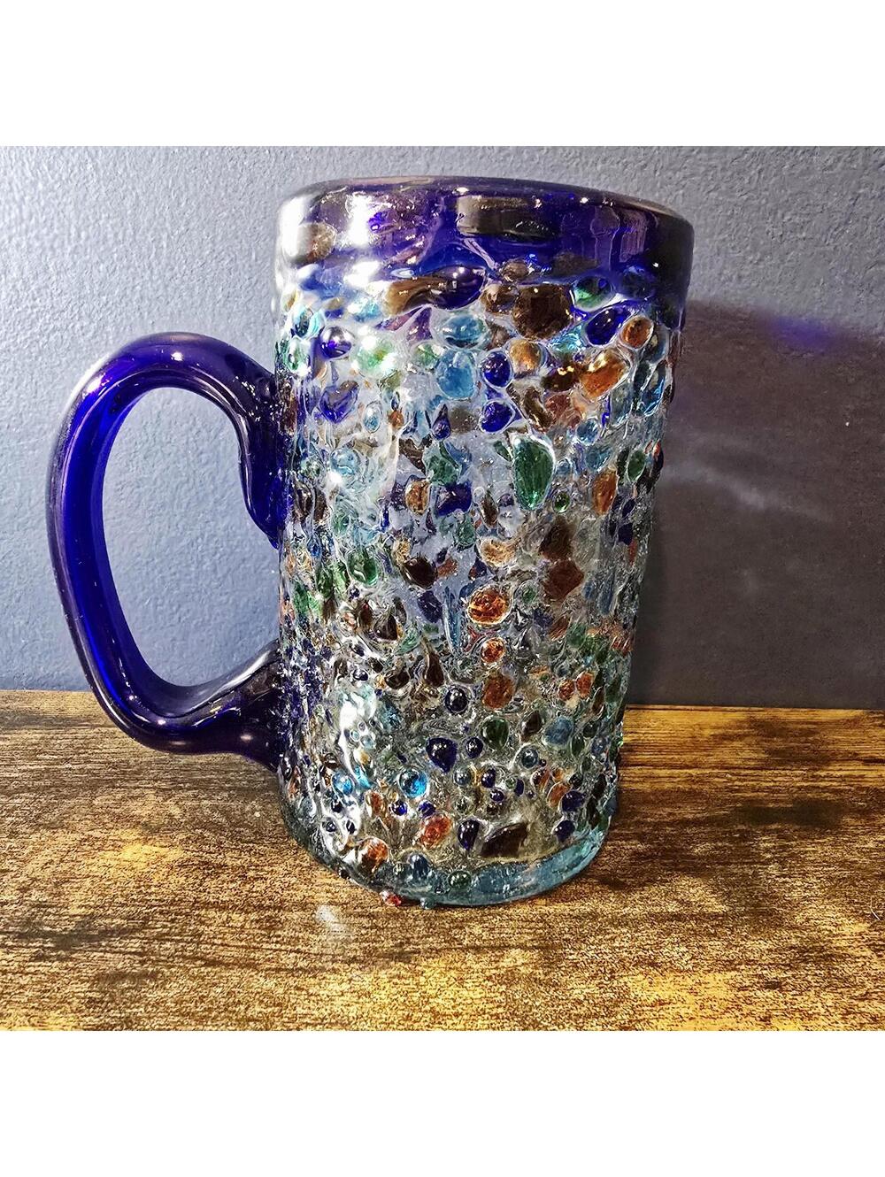 Mexican Handblown Confetti Mug Recycled Glass Beer Stein 20 oz 6” Tall